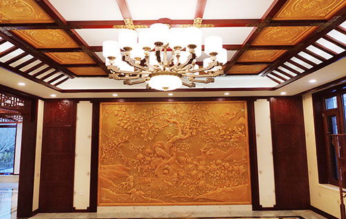 宁海中式别墅客厅中式木作横梁吊顶装饰展示